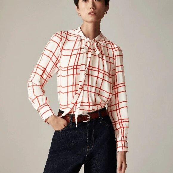 J. Crew Tops - J.Crew Tie-Neck Plaid Top | NWT | Size 14 | Red & White
